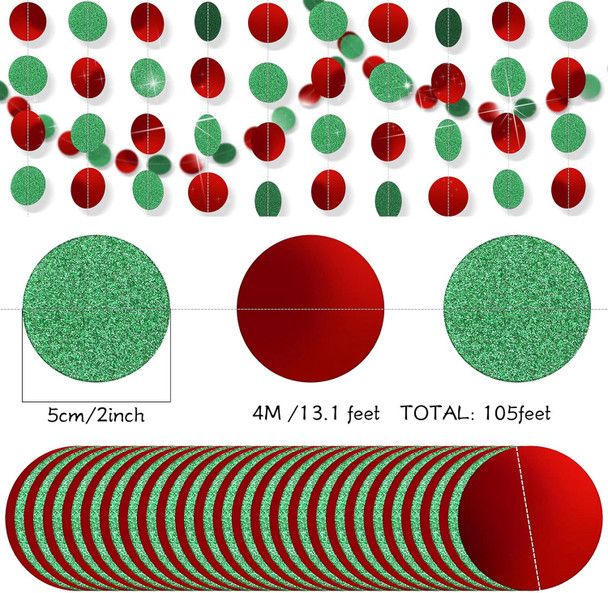 Marspark 8 Pack Christmas Red Green Circle Dot Paper Garland Kit Hanging Streamer Decorations Christmas Bunting Flag Banners for Holiday Birthday Party Decor, 105 Feet in Total