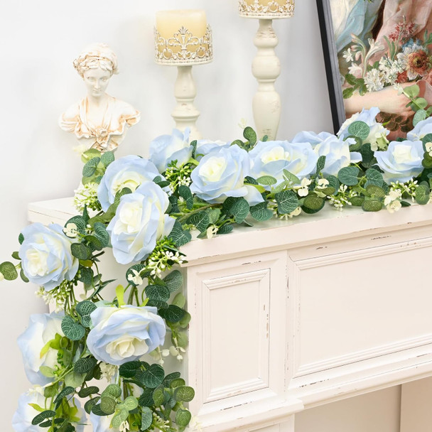 MARTINE MALL 2Pcs 13FT Artificial Eucalyptus Garland with Flowers, Ice Blue Flower Garland Silk Ice Blue Rose Garland Faux Autumn Floral Garland for Table, Party, Wedding, House, Wall Decor