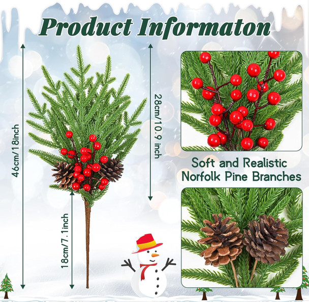 MARTINE MALL 12Pcs Christmas Norfolk Pine Branches with Pine Cones&Berries, 18In Fake Greenery Norfolk Pine Branches Evergreen Artificial Pine Branches for Xmas DIY Craft Garland Home Decor