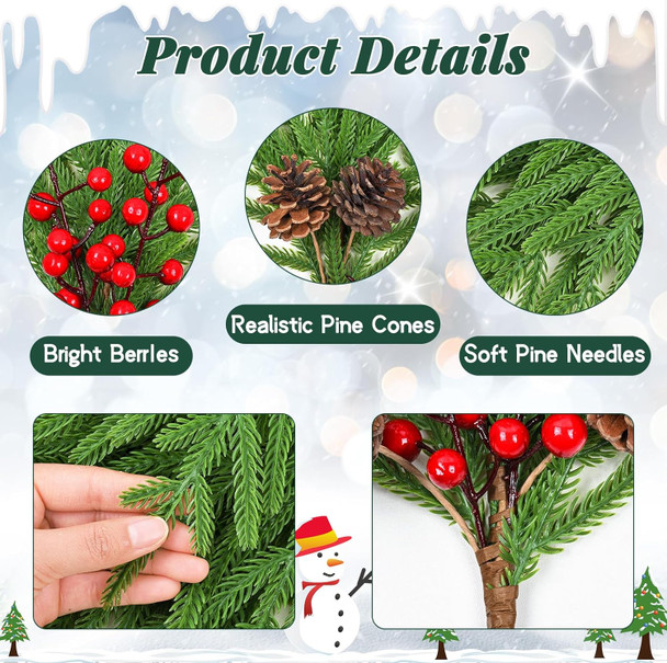 MARTINE MALL 12Pcs Christmas Norfolk Pine Branches with Pine Cones&Berries, 18In Fake Greenery Norfolk Pine Branches Evergreen Artificial Pine Branches for Xmas DIY Craft Garland Home Decor