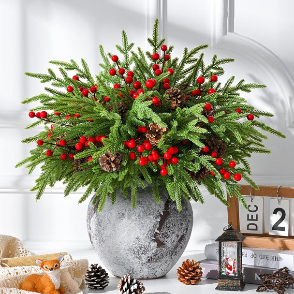 MARTINE MALL 12Pcs Christmas Norfolk Pine Branches with Pine Cones&Berries, 18In Fake Greenery Norfolk Pine Branches Evergreen Artificial Pine Branches for Xmas DIY Craft Garland Home Decor