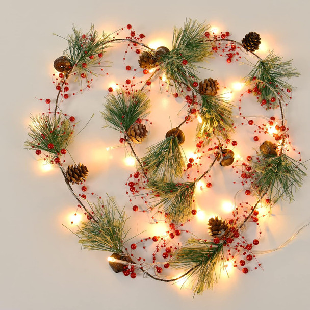 MARTINE MALL Christmas Garland with Lights, 5.9Ft 30 LED Battery Operated Christmas Pine Garland, Red Berry Garland with Pine Cone Vintage Bells for Indoor Outdoor Home Party Xmas Decoration