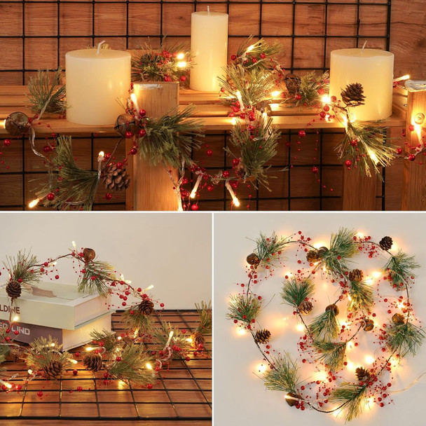 MARTINE MALL Christmas Garland with Lights, 5.9Ft 30 LED Battery Operated Christmas Pine Garland, Red Berry Garland with Pine Cone Vintage Bells for Indoor Outdoor Home Party Xmas Decoration