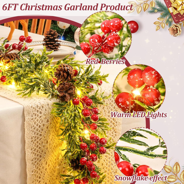 MARTINE MALL 6FT Christmas Garland, Pre-lit Christmas Garland with 20 LED Lights, Battery Operated Christmas Lighted Garland with Snowflakes Red Berry Christmas Garland for Mantle Fireplace