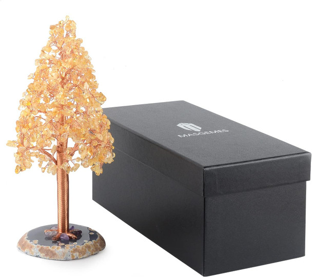 Crystal Christmas Tree of Life,Chakra Tree Natural Citrine Yellow Healing Crystal,Agate Sliece Base,Home Decor Feng Shui Bonsai Money Tree,Positive Energy 10.3 Inches