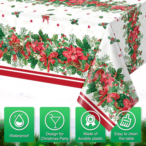 12Pcs Christmas Holly Poinsettia Tablecloths, Holly Berry Red Ribbon Table Cloth Disposable Rectangle Plastic Holly Poinsettia Table Covers for Xmas Holiday Party Decorations and Supplies,54x108inch