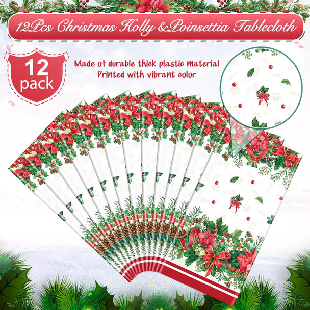 12Pcs Christmas Holly Poinsettia Tablecloths, Holly Berry Red Ribbon Table Cloth Disposable Rectangle Plastic Holly Poinsettia Table Covers for Xmas Holiday Party Decorations and Supplies,54x108inch