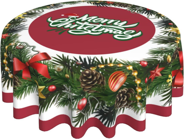 Merry Christmas Round Tablecloths 70 Inch Christmas Garland Tablecloth Winter Xmas Ribbon Tablecloths Polyester Washable Fabric Farmhouse Decorative for Holiday Home Kitchen Dining Party