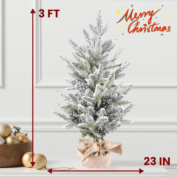 3FT Flocked Christmas Tree, Premium Xmas Tree with 496 PE&PVC Mixed Branch Tips, Unlit Premium Fir Christmas Tree for Home, Office, Party Decoration, White