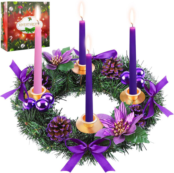 MCEAST 12 Inch Christmas Centerpiece Wreath Candle Holder with Purple Ribbon, Bowknots, Pine Cones for Home and Church Decoration