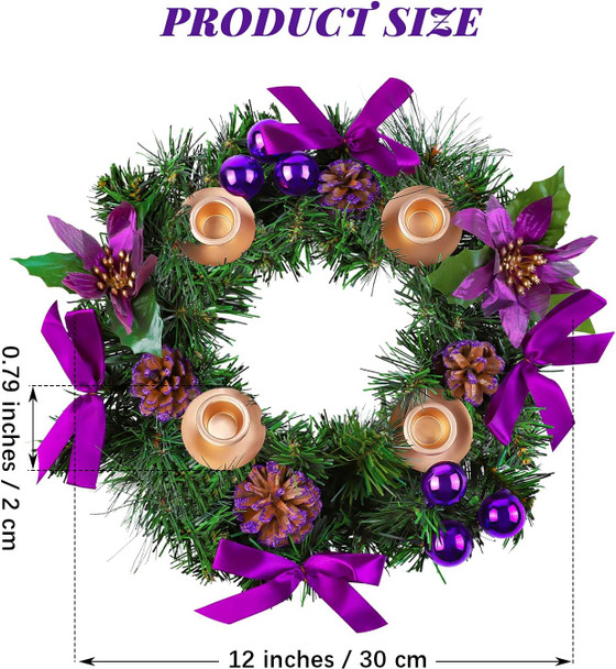 MCEAST 12 Inch Christmas Centerpiece Wreath Candle Holder with Purple Ribbon, Bowknots, Pine Cones for Home and Church Decoration