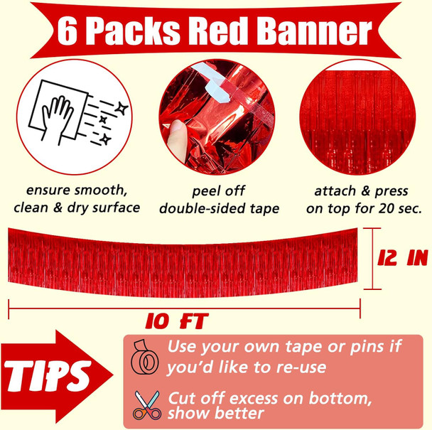 6 Pack 10 Feet Foil Fringe Garland Metallic Tinsel Banner Wall Hanging Curtain Streamers Backdrop for Parade Floats Bachelorette Wedding Birthday Party Thanksgiving Christmas Decorations(Red)