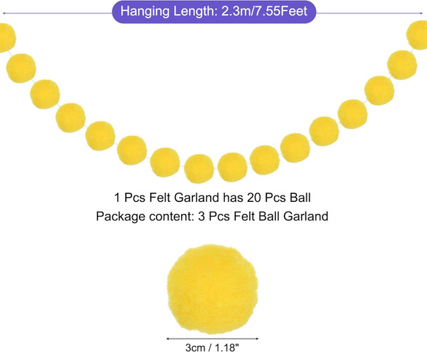 MECCANIXITY 3Pcs Felt Ball Garland Yellow Pom Pom Garland Handing Balls 7.55 Feet Long 20 Balls Party Banner Decor for Christmas Birthday Party Decoration