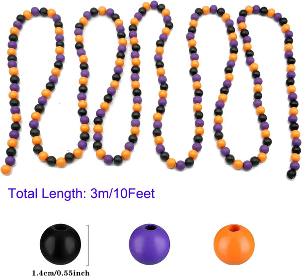10 Feet Halloween Wooden Bead Garland, Halloween Wood Bead Decoration for Halloween Holiday Party Decoration, 14mm(Orange, Purple and Black Color)