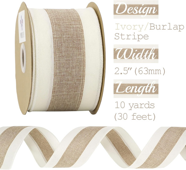 MEEDEE Burlap and White Stripe Ribbon 2.5 Inch Burlap Wired Ribbon with Ivory Burlap Edge Burlap Stripe Wired Ribbon for Wreath Garland Topper Bow Making Fall Christmas Wedding Decorations (10 Yards)