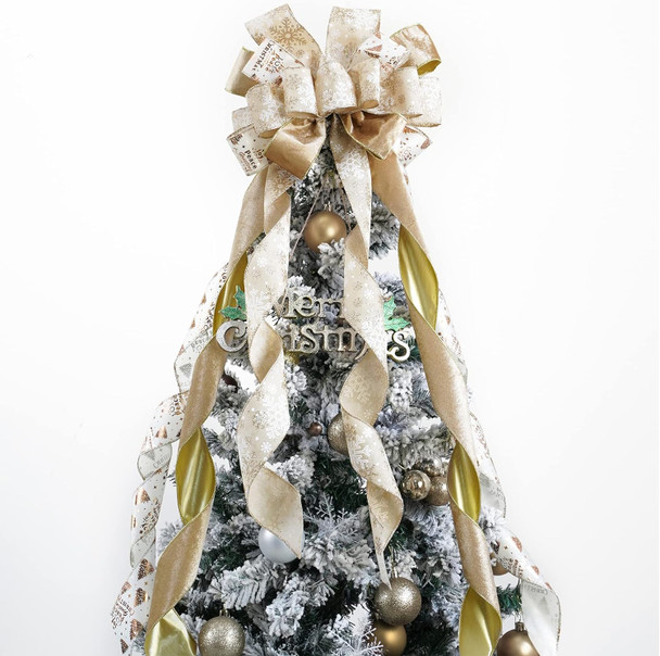 MEEDEE Champagne Christmas Tree Topper Champagne Glitter Christmas Bows 12" Wide Velvet Christmas Bows Gold Christmas Bows Champagne Bows for Christmas Tree Velvet Bows for Christmas Tree (1 Pack)