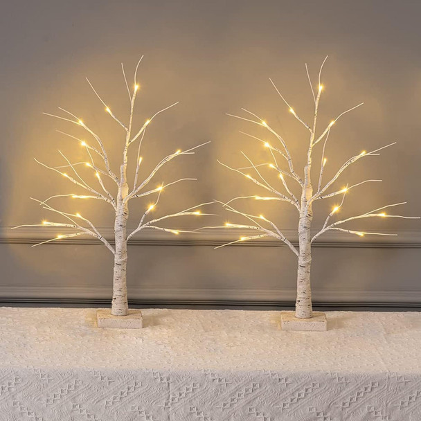 MEETYAMOR 2 Pack 24” 2FT Lighted Birch Tree with 18LT Warm White LEDs, Christmas Decorations Indoor Battery Powered Timer, Money Tree for Winter Party Wedding Table Mantel Home Easter Decor