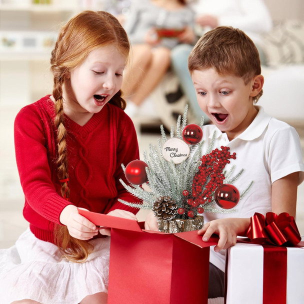 13.7Inch Small Christmas Tree Mini Tabletop Christmas Tree Decorations Artificial Potted Christmas Tree with Red Berry Ball Pinecone for Home Party Holiday Christmas Decor Indoor