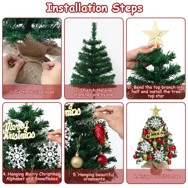 24Inch Mini Table Top Christmas Tree with 30LED Lights Small Christmas Tree with Star Treetop Snowflakes and 30 Ball Ornaments Prelit Desk Christmas Tree for DIY Xmas Tree Christmas Decor