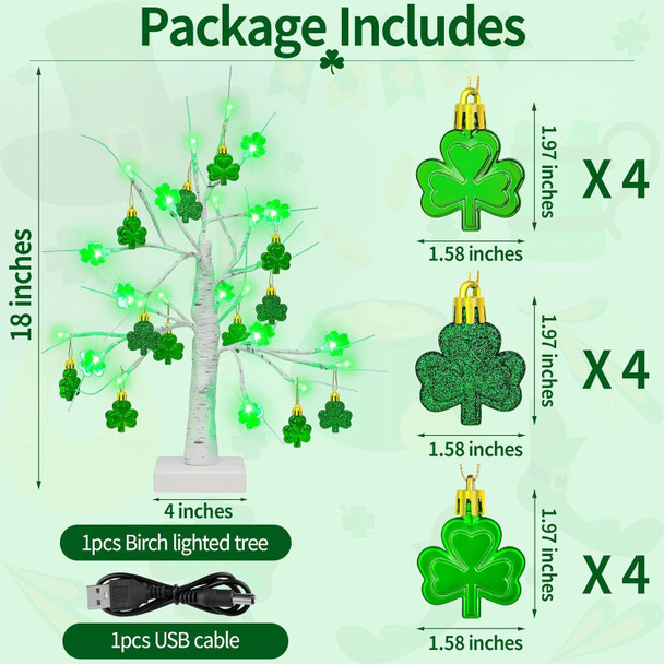 St Patricks Day Decorations, 18 Inches 24 LED Lighted Birch Tree Tabletop Decoration with 12 PCS Glitter Shamrock Ornaments, USB Battery Operated Lucky Tree Decor for St Patricks Day Irish Party