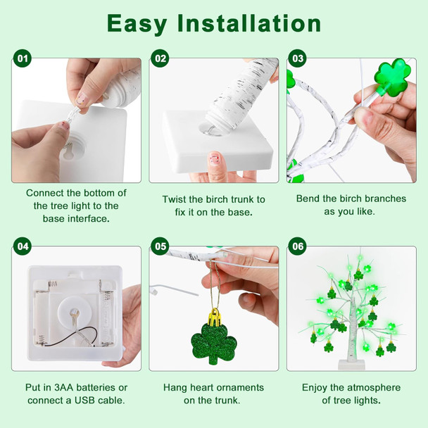 St Patricks Day Decorations, 18 Inches 24 LED Lighted Birch Tree Tabletop Decoration with 12 PCS Glitter Shamrock Ornaments, USB Battery Operated Lucky Tree Decor for St Patricks Day Irish Party
