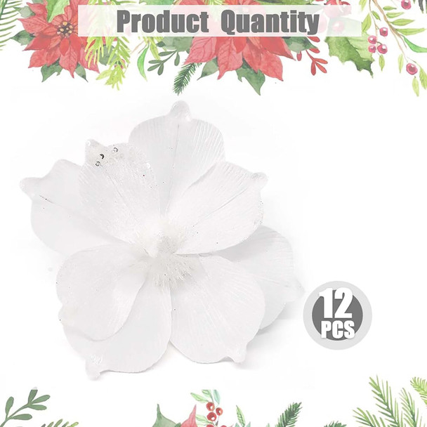 Poinsettia Ornament for Christmas Tree White Poinsettia Flowers Picks Glitter Artificial Poinsettia Flowers Christmas Poinsettia Decorations for Tree Garland Stocking Wedding Party (12pcs,8.6 Inch)