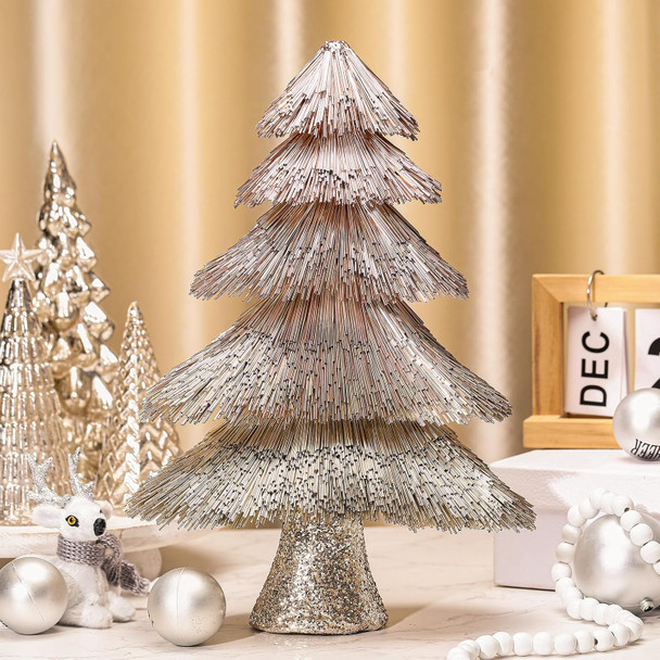 Tabletop Christmas Tree Decoration 15 in Glitter Champagne Gold Artificial Foil Tubes Xmas Tree Artificial Holiday Table Centerpiece Champagne Tabletop Small Xmas Tree for Home Party Craft