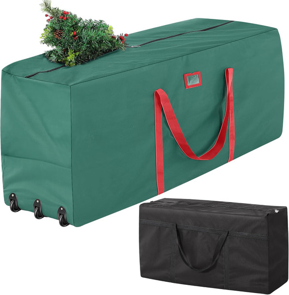 Meonum 2 Pack Rolling Tree Storage Bag, Extra Large Storage with 3 Wheels for 9FT Artificial Christmas Holiday Tree and Small Zippered Bag for 4FT Artificial Xmas Tree, Wreath and Accessories(Green)