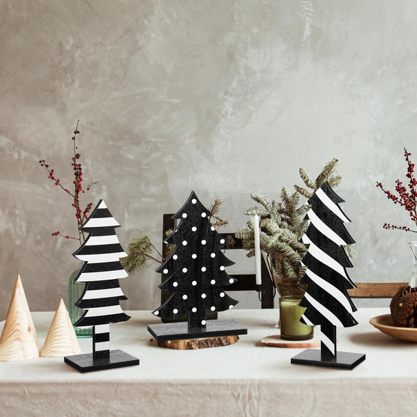 Meooeck Table Christmas Tree Decorations Farmhouse Black and White standing Handmade Wood Trees Rustic Wooden Christmas Tree Centerpieces for Tabletop Xmas Home Office Holiday Party Decor