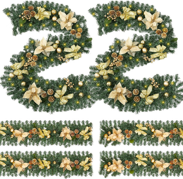 Meooeck 3 Sets 9 ft 150 LED Pre-Lit Artificial Christmas Garland with Gold Berries and Balls Pine Cone Flower and Battery Operated String Lights for Fireplace and Stair Railing,Total 27 ft