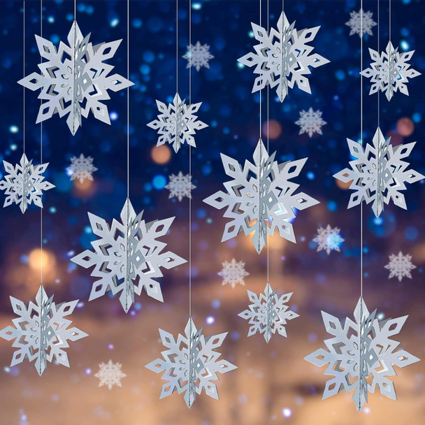 MIAHART Christmas Hanging Snowflake Decorations 12 pack 3D Silver Snowflake Hanging Garland Large Silver Snowflakes for Christmas Winter Holiday Year Birthday Party Home Decor