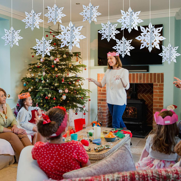MIAHART Christmas Hanging Snowflake Decorations 12 pack 3D Silver Snowflake Hanging Garland Large Silver Snowflakes for Christmas Winter Holiday Year Birthday Party Home Decor