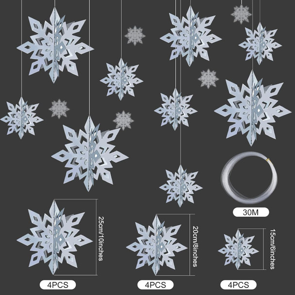 MIAHART Christmas Hanging Snowflake Decorations 12 pack 3D Silver Snowflake Hanging Garland Large Silver Snowflakes for Christmas Winter Holiday Year Birthday Party Home Decor