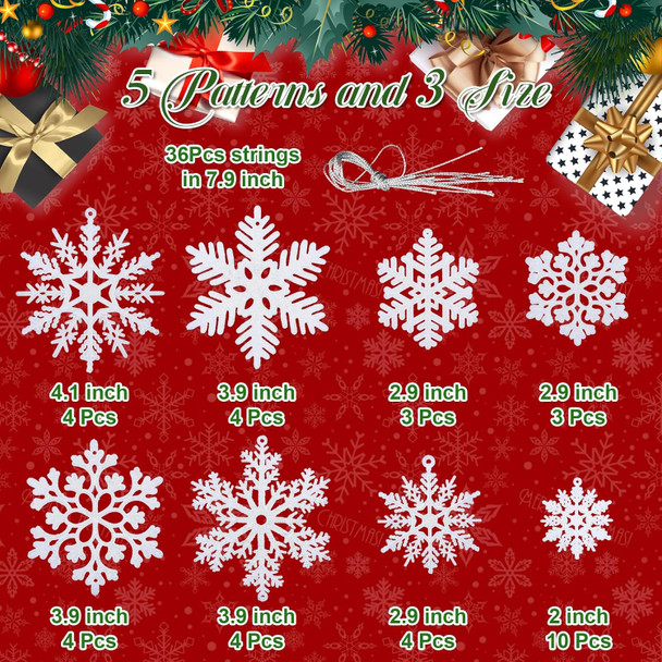 36pcs White Snowflake Ornaments Christmas Tree Decorations, Glitter Plastic Snow Flakes Christmas Ornaments in 5 Patterns for Tree Garland Indoor Outdoor Winter Wonderland Decor