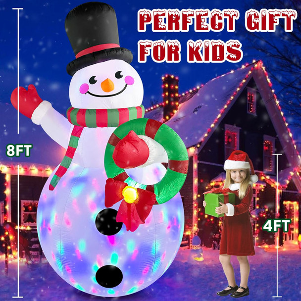 MICOCAH 8FT Christmas Inflatables Outdoor Decorations, Inflatable Snowman Holding Garland Blow Up Yard Decoration Build-in Rotating Colorful LEDs Xmas Holiday Party Indoor Lawn Christmas Eve Décor