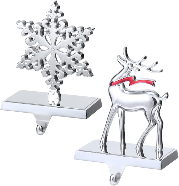 Christmas Stocking Holders, Set of 2 Snowflake & Reindeer Silver Stocking Holder, Weighted Personalized Christmas Stockings Hanger for Mantel, Stocking Hooks for Mantle Fireplace Christmas Decorations