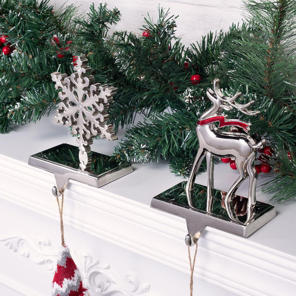 Christmas Stocking Holders, Set of 2 Snowflake & Reindeer Silver Stocking Holder, Weighted Personalized Christmas Stockings Hanger for Mantel, Stocking Hooks for Mantle Fireplace Christmas Decorations
