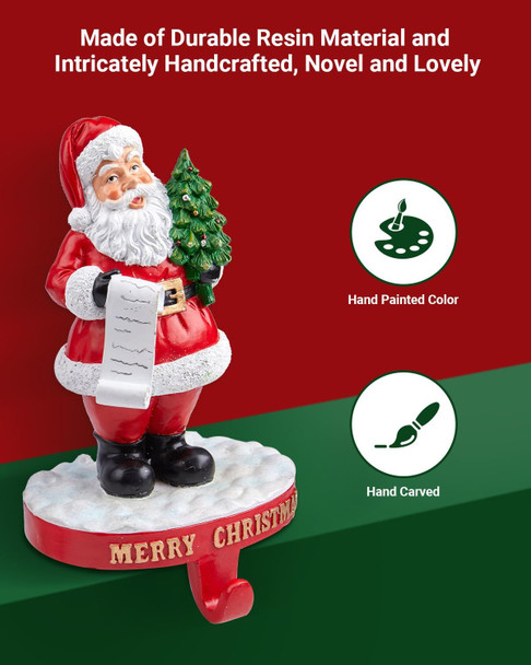 Minetom Christmas Stocking Holders for Mantle Set of 4, 3D Resin Tree Reindeer Snowman and Santa Claus Stocking Hangers, Home Xmas Decorations for Fireplace Mantel Table Garland