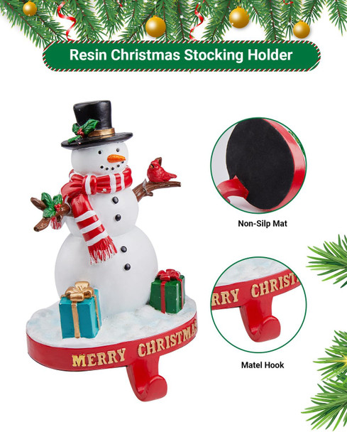 Minetom Christmas Stocking Holders for Mantle Set of 4, 3D Resin Tree Reindeer Snowman and Santa Claus Stocking Hangers, Home Xmas Decorations for Fireplace Mantel Table Garland