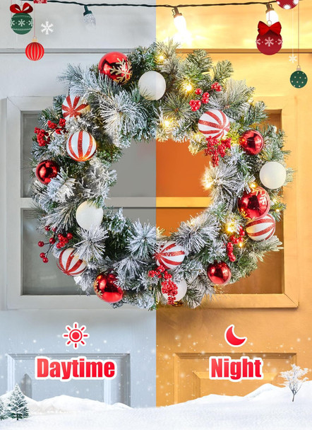 Pre-Lit Artificial Christmas Wreath 24Inch, Christmas Door Decorations Wreath with 50LED Warm Lights, Christmas Balls, Pine Needles, and Red Berries for Front Door Wall Windows X-mas Ornament