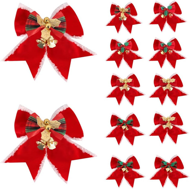 12pcs 3.15inch Christmas Bows Decorations Red Velvet Wreaths Bows with Bells Small Christmas Tree Topper Bows for Wedding Party Farmhouse Decoration Ornaments(B)