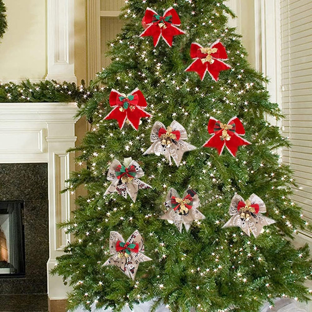 12pcs 3.15inch Christmas Bows Decorations Red Velvet Wreaths Bows with Bells Small Christmas Tree Topper Bows for Wedding Party Farmhouse Decoration Ornaments(B)