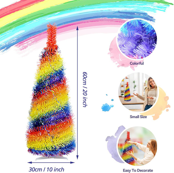Mini 2FT Desktop Pop Up Christmas Tree - Collapsible Artificial Tinsel Pencil Christmas Tree, Skinny Xmas Tree for Indoor Home Apartment Porch Holiday Party Decorations(Rainbow)