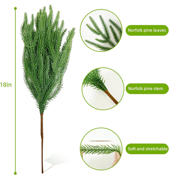 12 PCS Christmas Norfolk Pine Branches 18" Artificial Pine Stems for Christmas Decorations Fake Plants Norfolk Pine Sprigs Pine Needles for Xmas Garlands Wreaths Trees DIY Home Front Door Garden Decor
