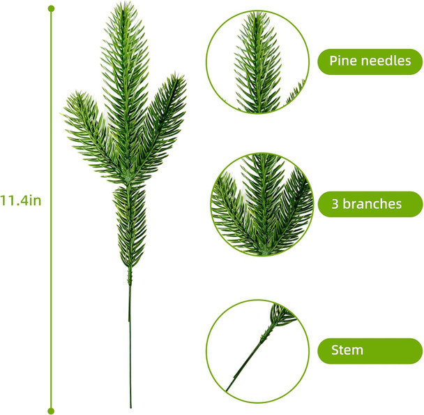 50 Pcs Artificial Pine Branches 11.4" Christmas Pine Branches Fake Christmas Greenery Plants Faux Evergreen Branches Pine Needles DIY Accessories for Christmas Tree Wreath Garland Home Office Decor