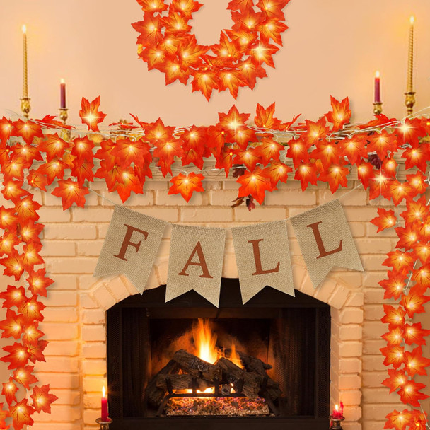 20FT Fall Decor - 2 Pack Fall Leaves Garland with Lights Banner Fall Decorations for Home Fall Room Door Porch Decor Autumn Halloween Thanksgiving Decortions for Mantle Kitchen Office Indoor Outdoor