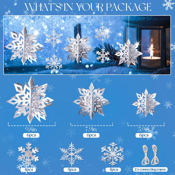 30pcs Paper Snowflakes Ornaments Decorations, 3D Silver Hanging Snowflake, Large Snowflake Garland for Christmas Decorations, Winter Wonderland Year Party Home Decorations