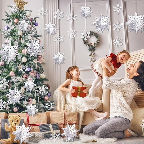 30pcs Paper Snowflakes Ornaments Decorations, 3D Silver Hanging Snowflake, Large Snowflake Garland for Christmas Decorations, Winter Wonderland Year Party Home Decorations