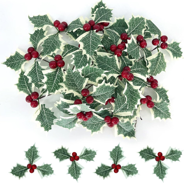 Holly Berries with Green Leaves, 24PCS Artifical Red Holly Berry Flowers for Christmas Tree/Wreath Arrangement Decorations, Red Berry Christmas Picks for Crafts s Wedding Party Decor
