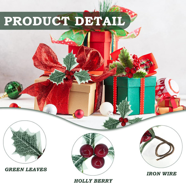 Holly Berries with Green Leaves, 24PCS Artifical Red Holly Berry Flowers for Christmas Tree/Wreath Arrangement Decorations, Red Berry Christmas Picks for Crafts s Wedding Party Decor